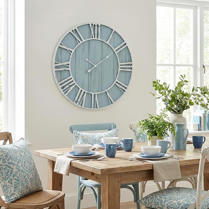 Large Farmhouse Wall Clock 30 Inch Vintage Blue Wooden Wall Clock with Quiet Ticking and Minimalist Roman Numerals for Bedroom Living Room Office Kitchen Home Decor, Battery Operated