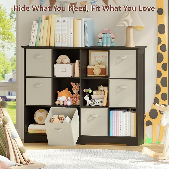 VORONOI 12 Cube Storage Organizer with 6 Fabric Drawers and Removable Shelves — Modular Cube Bookshelf for Bedroom, Living Room, or Home Office, Short Cube Bookcase for Toys, Decor, Black