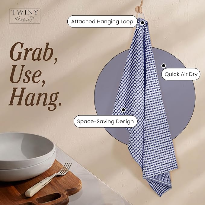 TWINY threads 4 Pack Circle Waffle Tea Towels 16x26 Inches, 100% Cotton, Heavy Duty, Thick, Absorbent, Professional Grade Dish Cloths, Ideal for Restaurants, Bars, Heavy Duty Use, Indigo Blue