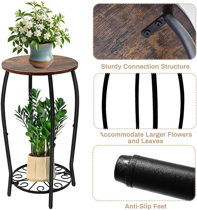 Plant Stand Indoor Outdoor, 2-Tier Tall Wood & Iron Plant Stand, 4-Leg Corner Flower Stand, Heavy Duty Floor Plant Shelf Plant Rack for Patio Living Room Balcony Home Decor