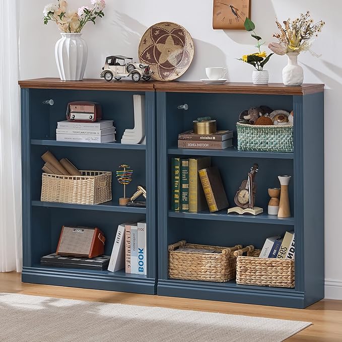43" Blue Tall Bookshelf Set of 2,3-Tier Thick Wooden Book Shelf with Adjustable Shelves,Free Standing Farmhouse Bookcase with Open Display Storage,Floor Vintage Bookshelves for Living Room