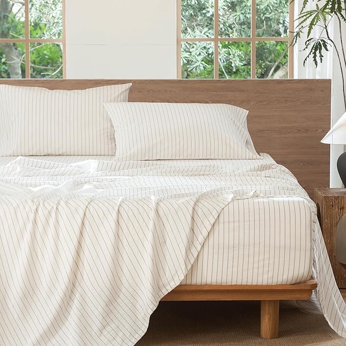 MooMee Striped Sheet Set 100% Washed Cotton Linen Like Textured Breathable Durable Soft Comfy (White Tannish Linen Grey Wide Stripes, Queen)