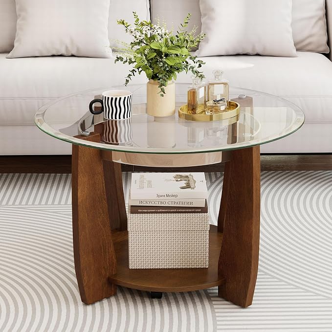 GOFLAME Glass Coffee Table with Storage, 32” Rolling Round Center Table with Tempered Glass Top, Solid Rubber Wood Legs, Wheels, Mid-Century Modern, 2-Tier Circle Tea Tables for Living Room (Walnut)