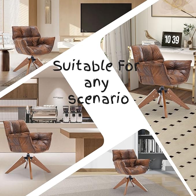 Mid Century Accent Chair, Hot Stamping Cloth Desk Chair no Wheel, Modern Cozy Vanity Chair Advanced & Wear-Resistant with Amrest, Wood Legs for Living Room, Reading Room, Bedroom (Brown)