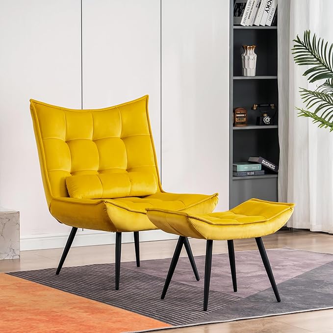 MCombo Accent Chair with Ottoman, Modern Velvet Wingback Lounge Chair, Upholstered Club Chair for Small Space, Living Room & Bedroom 4079 (2, Yellow)