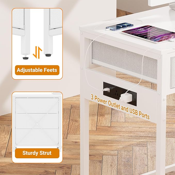 Unikito Reversible Computer Desk with 5 Drawers, Sturdy Office Desk with Power Outlets and USB Ports, Study Writing Table with File Cabinet & Printer Stand, Vanity Desk with Storage, White
