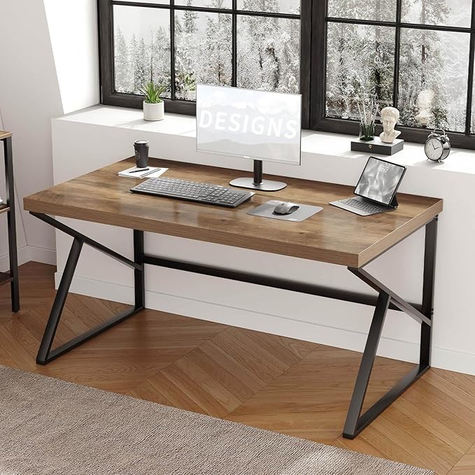 HSH Minimalist PC Desk, Industrial Home Office Desk, Sturdy Wood and Metal Desk, Rustic Vintage Oak 55 Inch Work Study Writing Desks Computer Table for Living Room Bedroom