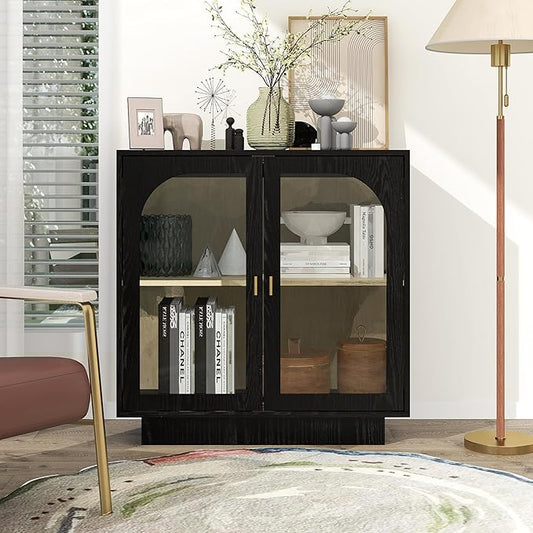 Sideboard Buffet Cabinet with Storage - Accent Storage Cabinet Modern Furniture with Glass Doors and Adjustable Shelves, Wood Credenza for Living Room, Kitchen, Dining Room (Black)