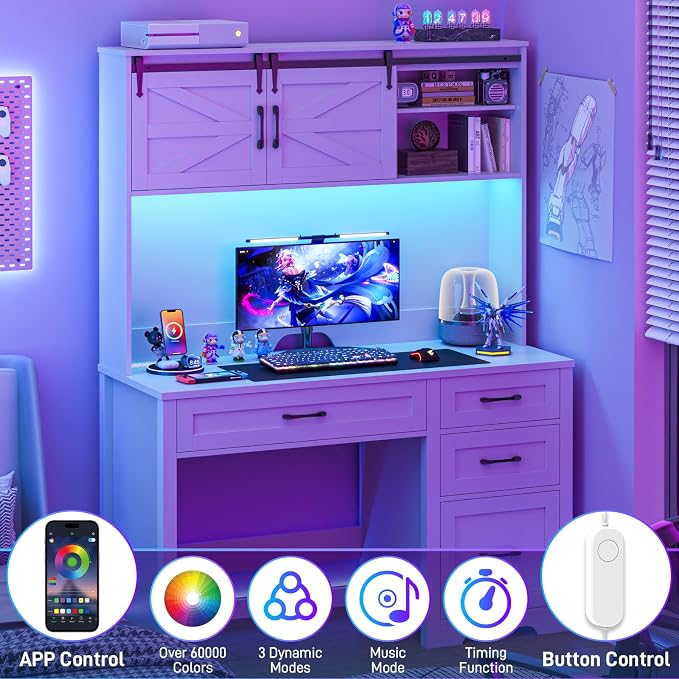 Farmhouse 67" H Executive Desk with Hutch,Office Table with LED light and 7 Drawers,Computer Desk with Charging Station,File Drawers and Storage Cabinet,Workstation for Home Office.Cream White