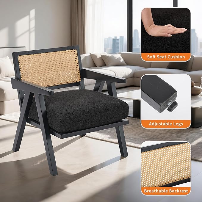 Mid Century Modern Accent Chair, Comfy Living Room Chairs with Sturdy Wood Legs, Rattan Backrest & Beige Thick Linen Cushion, Armchair for Bedroom Balcony Apartment, Black (2 PCS)