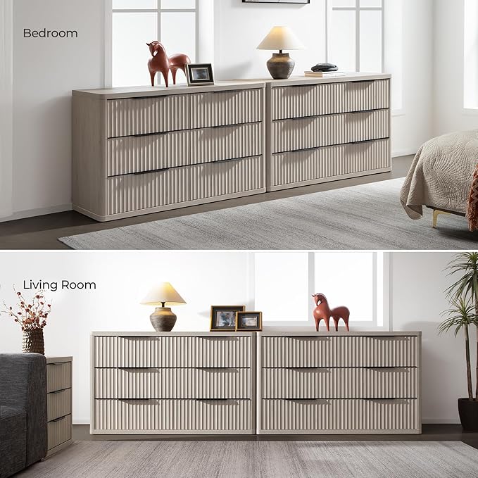 SICOTAS Dresser for Bedroom 107" Wide 6 Drawer Dressers & Chests of Drawers for Closet Long Large Modern TV Stand Set for Clothes Storage Fluted Wide Clothes Closet for Hallway Entryway, White Alder