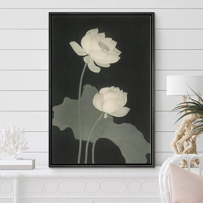 Woodrose Framed Canvas Print Wall Art Monochrome Lotus Blossoms Elegant Nature Illustrations Modern Art Minimalist 3D Colorful Ultra for Living Room, Bedroom, Office - 16"x24" BLACK
