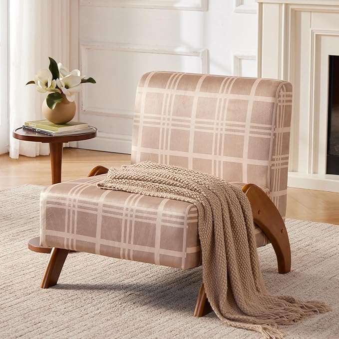 Oversized Accent Chair, upholstered armless mid Century Modern Living Room Chair with Wooden Legs for Bedroom/Office/Cafe, Plaid Camel