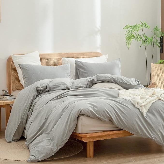 BESTOUCH Duvet Cover Set 100% Washed Cotton Linen Feel Super Soft Comfortable Chic Lightweight 3 PCs Home Bedding Set Solid Light Grey Full/Double