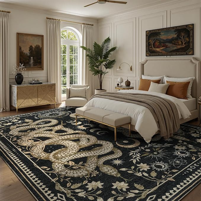 DCX Washable 8x10 Snake Rug, Black Gothic Rug for Living Room, Soft Low Pile Carpet, Kid & Pet Friendly with Rubber Back Non Slip, Stain Resistant Rug for Bedroom Dining Room Office