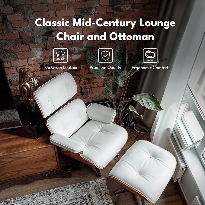 Top Grain Leather, Mid Century Chaise Lounge Chair and Ottoman, Modern Chair Classic Design, Heavy Duty Base Support for Living Room Study Lounge Office, Walnut-White, Heightening