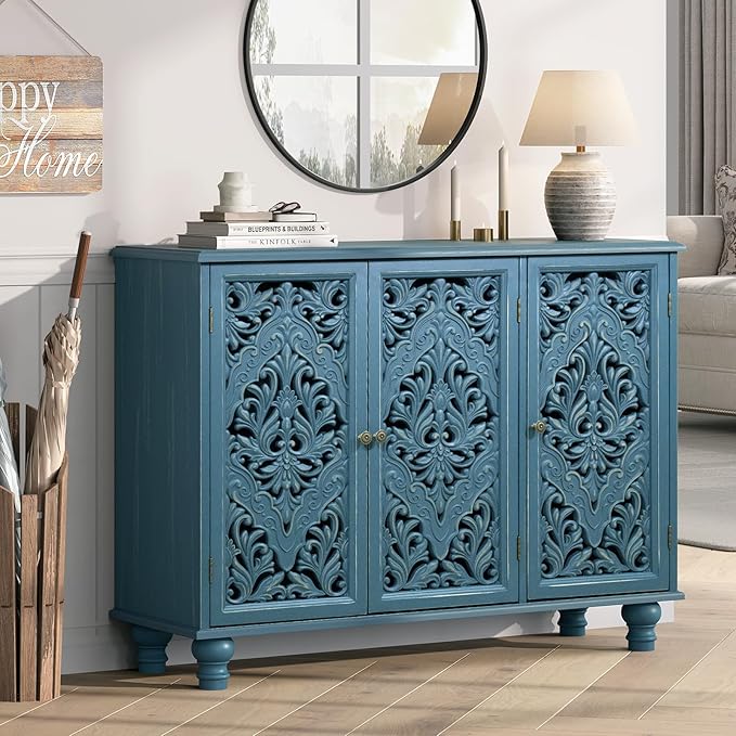 Accent Cabinet with 3 Carved Doors, Distressed Blue Sideboard Buffet with Storage & Solid Wood Legs, 43" Vintage Console Table for Living Room, Entryway, Coffee Bar, Hallway