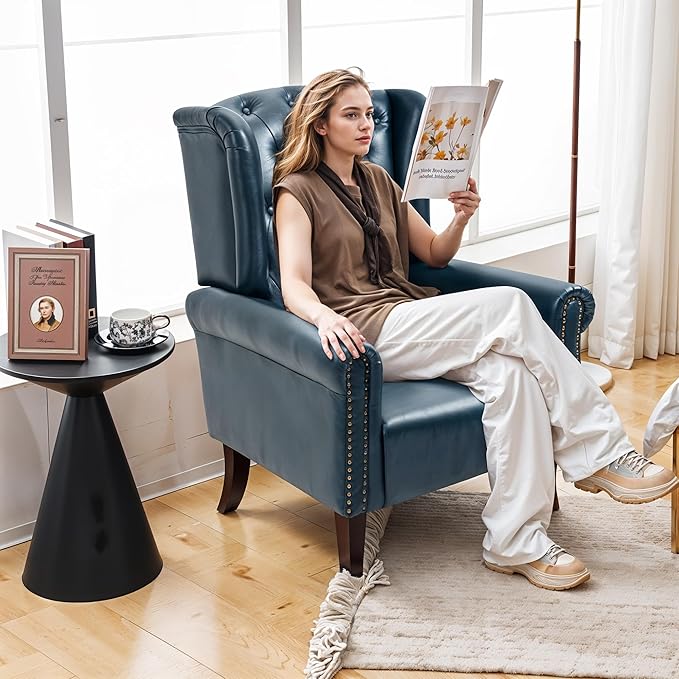 PU Leather Accent Chair Set of 2, Modern Upholstered Living Room Chair Sofa Chair with Wooden Legs, Wingback Armchair Club Chair for Bedroom,Study Room, Lounge (Dark Blue)