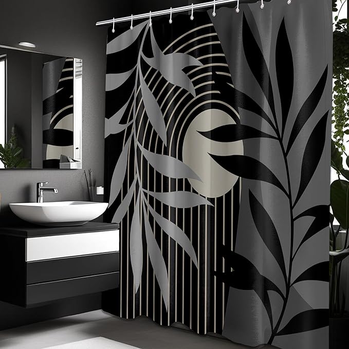 Boho Black and Grey Shower Curtain, Mid Century Modern Black and Gray Shower Curtains for Bathroom, Waterproof Fabric Set with Hooks, 60" W x 72" L (Pack of 1)