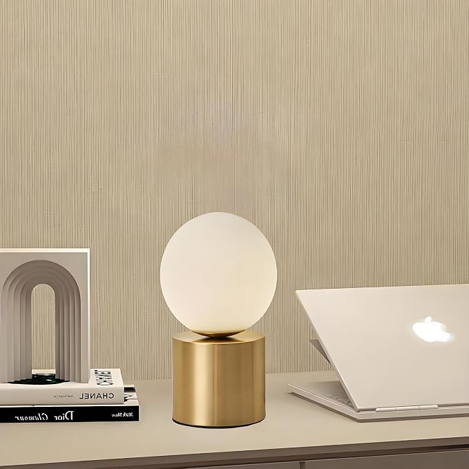 Mid Century Modern Table Lamp with Golden Pillar Bedside Night Light White Glass Globe Table Lamp for Bedroom Living Room and Office