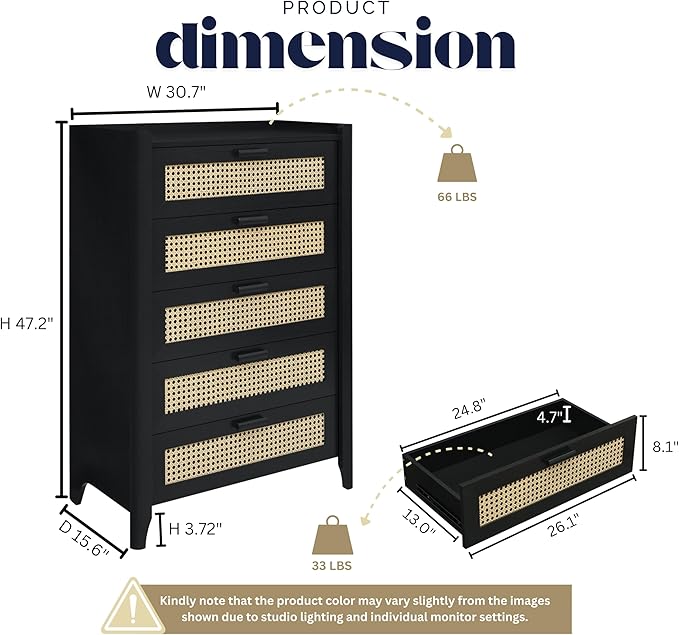 ELISA HOME Rattan-Inspired 5 Drawers Dresser for Bedroom, 47.2" Tall Modern Chest of Drawers, Wood Drawer Organizer for Clothes, Entryway, Hallway, Nursery or Living Room, Black