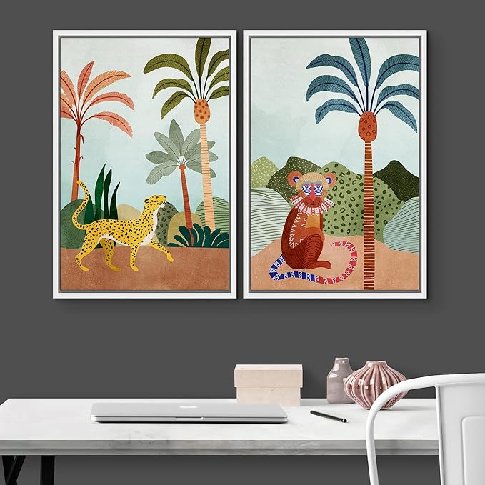 IDEA4WALL Framed Canvas Print Wall Art Set Wild Tropical Jungle Safari Cheetah & Monkey Nature Wilderness Digital Art Modern Art Decorative Animal for Living Room, Bedroom, Office - 24"x36"x2 White