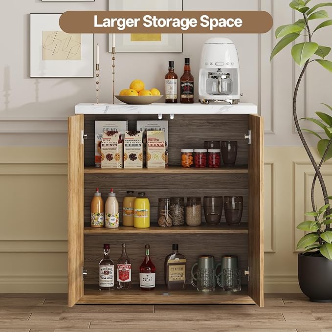 31” Sideboard Cabinet with Storage, Fluted Accent Cabinet with Adjustable Shelves, Modern Wood Credenza Cabinets with Pop-up Doors for Entryway Kitchen Living Room Hallway, Faux Marble Top 4pcs