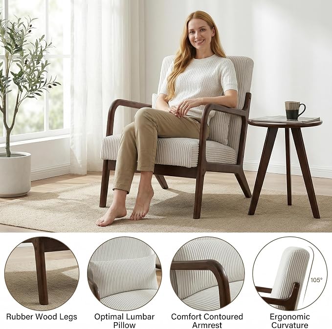 Mid Century Modern Accent Chair with Side Table, Upholstered Corduroy Armchair with Lumbar Pillow, Solid Rubberwood Frame for Living Room, Bedroom, Reading Nook, White/Walnut