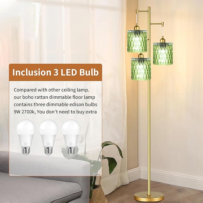 Gold Floor Lamp for Living Room Bedroom,3 Lights Vintage Tree Floor Lamps with Green Glass Shades,Mid Century Modern Floor Lamp for Corner Office,68IN Unique Tall Standing Lamp with Bulbs