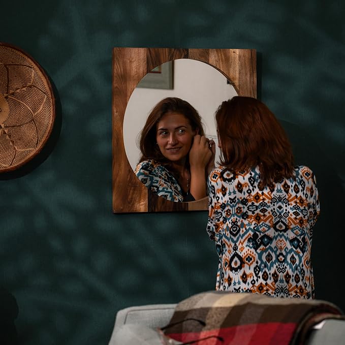 Walnut Wood Frame Round Mirror - 24" Wood Framed Mirror for Bathroom - Hallway Mirrors for Wall Entry - Mirrors for Entryway, Bedroom, Dining Room - Housewarming Gifts - Home Décor