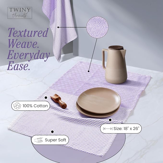 TWINY threads Kitchen Towel Diamond Pattern, Premium Large Kitchen Linen Set, 100% Cotton Wash Rags, Absorbent Quick Drying Cloths, Washable Reusable Multi Purpose, Set of 4, 18x26 Inches, Lavender
