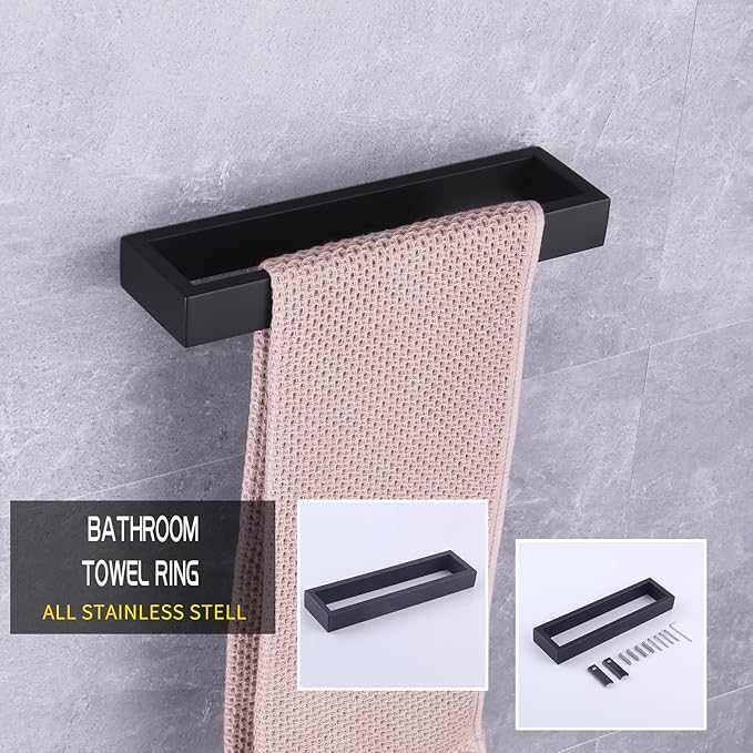 GERZWY Bathroom Accessory 4-Piece Set SUS 304 Stainless Steel Towel Bar Toilet Paper Holder Towel Ring Towel Hooks Wall Mount, Matte Black HG1708-4BK