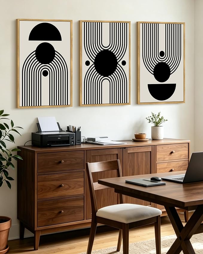 KUVIOKE Black Abstract Framed Wall Art Minimalist Geometry Lines Painting Artwork for Living Room Bedroom 24x36in (Natural Framed)