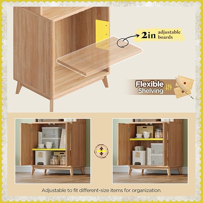 DurayLoly Tall Bookshelf, 6-Tier Bookcase with Fluted Doors & Adjustable Shelves, Mid-Century Cabinet, Modern Wooden Book Shelf for Home Office, Living Room, Kitchen, Light Oak