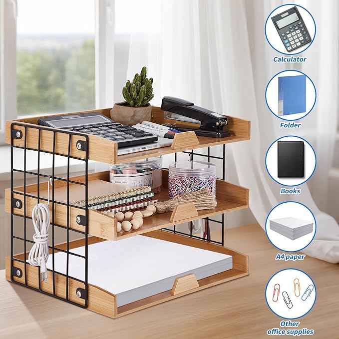 3-Tier Wood Paper Tray, Inbox Tray for Desk, Letter File Trays Desk Organize Office Supplies Accessories, Workspace Desktop Storage for Home, Office, School