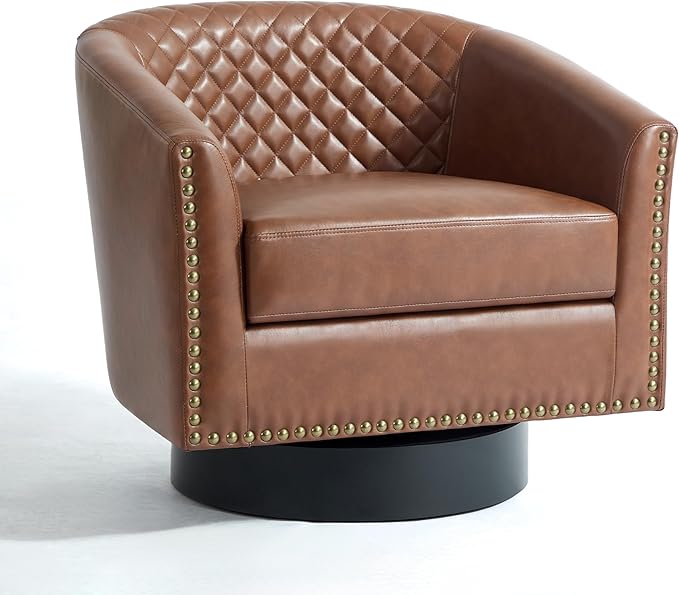 UIXE Faux Leather Swivel Accent Chair, Barrel Club Chair Modern Upholstered Armchair for Living Room, Comfy Single Sofa Bedroom Side Reading Seat - Brown