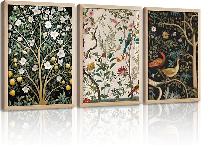 3Pcs Framed Vintage Plant And Bird Wall Art Prints Inspired By Nature Canvas Prints With Wooden Elegant Floral Posters And Wildlife Image Artwork Decor Living Rooms Bedrooms Offices 12x16 Inch