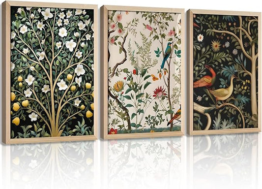 3Pcs Framed Vintage Plant And Bird Wall Art Prints Inspired By Nature Canvas Prints With Wooden Elegant Floral Posters And Wildlife Image Artwork Decor Living Rooms Bedrooms Offices 12x16 Inch
