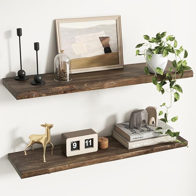 Reclaimed Elm Wood Floating Shelves for Wall, Live Edge 36"W x 9.2"D x 1.4"H, Set of 2 with Invisible Bracket, Wall Mounted Shelves for Living Room Bedroom Kitchen Bathroom Decor, Walnut Finish