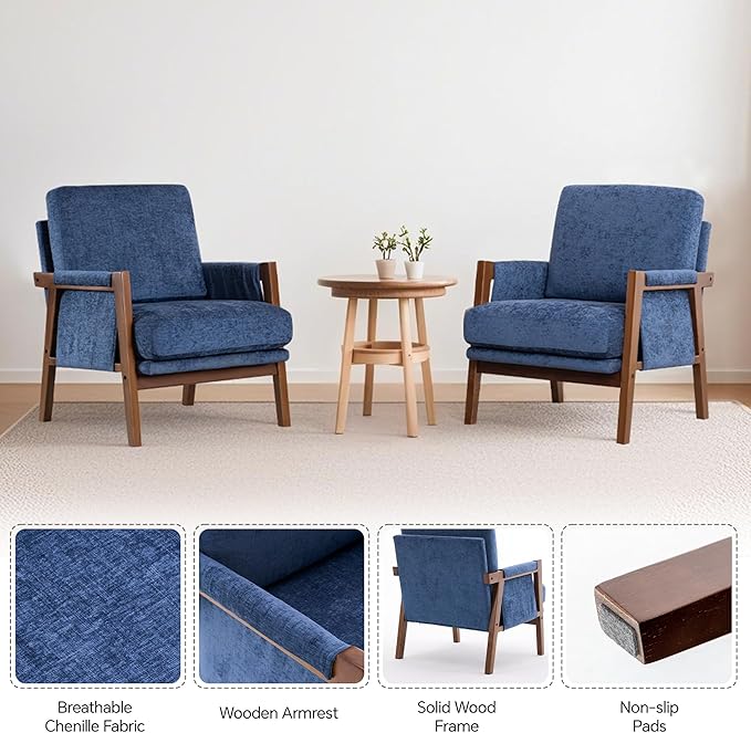 Mid Century Modern Accent Chair with Wood Frame, Upholstered Living Room Chairs with Wide Armrest, Chenille Fabric Comfy Arm Chair for Bedroom, Reading Room, Balcony, Navy