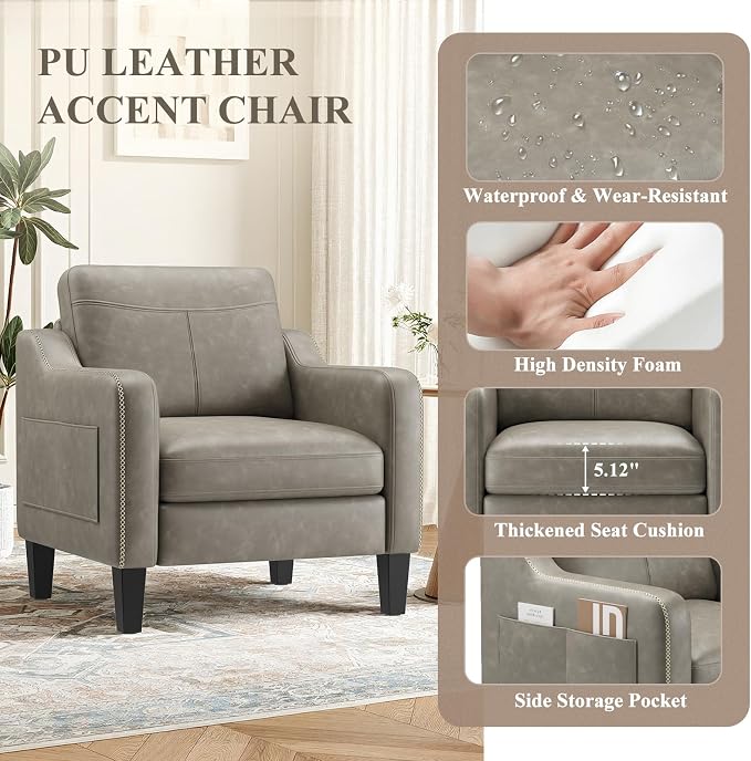MALOL PU Leather Accent Chair Set of 2, Mid-Century Modern Living Room Armchair Sofa with Removable Cushions, Solid Wood Frame & Stitched Armrest Design, Bedroom Chair with Plastic Legs, Grey