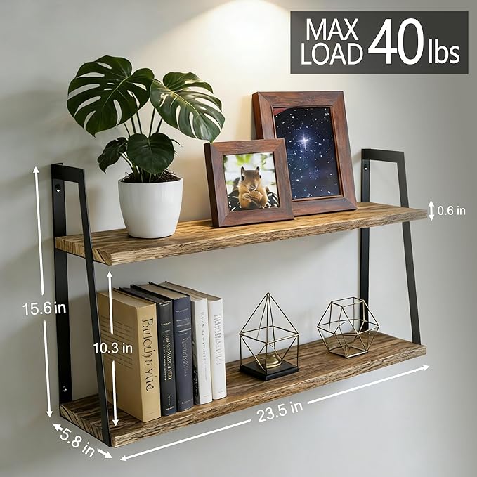 SRIWATANA Floating Wall Shelves, 2-Tier Rustic Wood Shelves for Bedoom, Bathroom, Living Room, Kitchen(Carbonized Black)