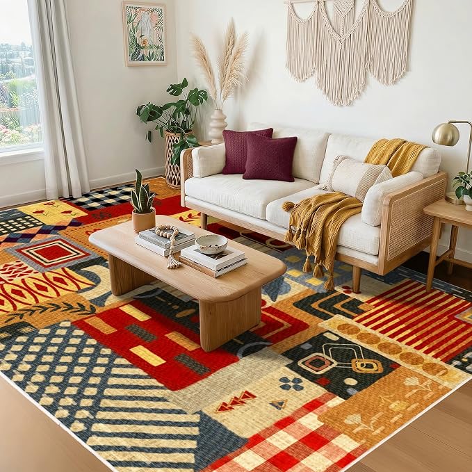 Washable 5x7 Colorful Abstract Area Rug, Boho Patchwork Rugs for Living Room, Multi-Color Modern Memphis-Inspired Throw Carpet, Non-Slip Low Pile Rug for Bedroom Dining Room Office Home Hardwood Floor