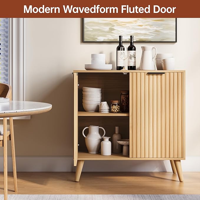 Set of 2 Fluted Sideboard Buffet Cabinet, 63" Mid Century Modern Storage Cabinet with Adjustable Shelves & 4 Doors, Accent Cabinet for Dining Room & Living Room, Natural
