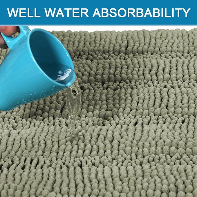 H.VERSAILTEX Bathroom Rug Sets 2 Piece Bath Mats Non Slip Thick Soft Chenille Striped Bath Rug achine Washable Shower Floor Rugs for Tub, Shower and Floor (Eucalyptus Green, 47" x 17"/17" x 24")