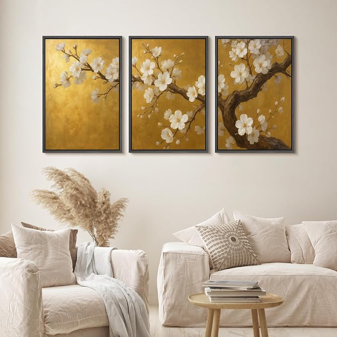 wall26 Framed Canvas Print Wall Art Set Golden Cherry Blossom Tree Elegant Floral Illustrations Fine Art Decorative Rustic for Living Room, Bedroom, Office - 16"x24"x3 Black