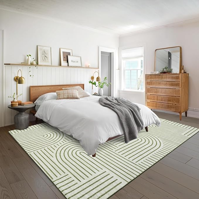 Washable Rug 8x10 Area Rugs for Living Room, Abstract Rug for Bedroom, Soft Rainbow Non Slip Throw Rugs with Rubber Back, Low Pile Stain Resistant Boho Geometric Carpet for Dining Room, Green