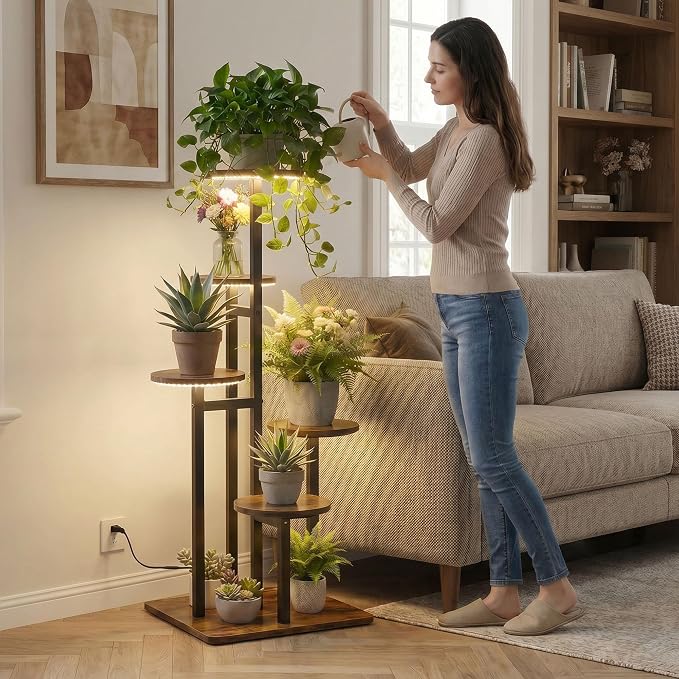 5 Tier Plant Stand Indoor with Grow Light for Multiple Plants | Corner Flower Stand, Vintage Multi-Layer Design, Sturdy Plant Shelf, Space-Saving, Ideal for Living Room Indoor Plant Display