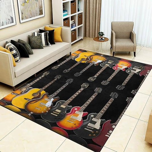 Vintage Guitar Black Area Rug, Guitar Music Lover Non Slip Living Room Rugs, Breathable Durable Carpet for Indoor Bedroom Conference Room Office Decor Rug - 6 ft x 9 ft