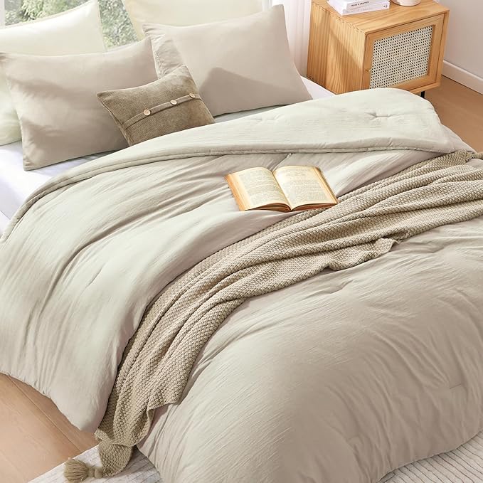 WRENSONGE California King Comforter Set - 3 Pieces Prewashed Light Oatmeal Comforter Soft Lightweight for All Seasons,Down Alternative Comforters California King Size with 2 Pillow Shams